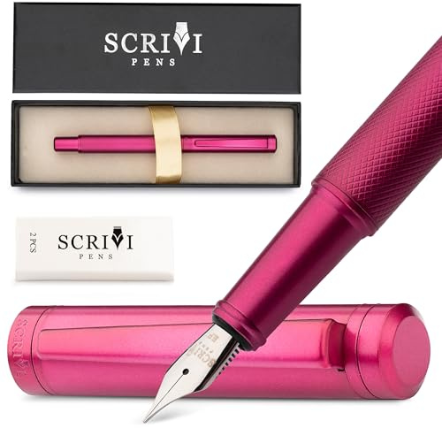 SCRIVI PENS Luxury Fountain Pen Set-[Red] Fountain Pens for Writing - Smooth Extra Fine Nib - Includes Refillable Ink Converter, 5 Ink Cartridges [Black & Blue], Gift Box - Elegant Calligraphy