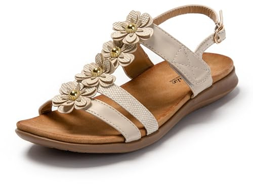 JOMIX Sandale Femme avec Fleurs Sandales Plates Femme Été élégantes Confortable pour Maison Plage (Beige, 38)