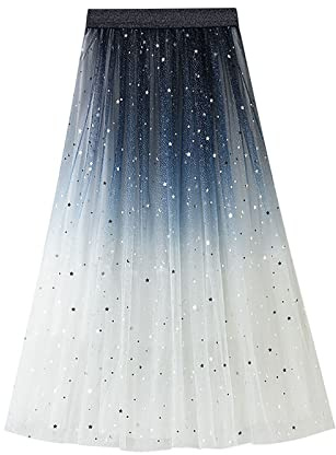 Pailletten Rock Lang A Linie Bauschiger Faltenrock Langes Damenrock Elastisch Taille Karnevals Kostüme Elegante Röcke High Waist Rave Party Tüllrock Hohe Bund Glitzerrock Röck (ZiA-White, One Size)