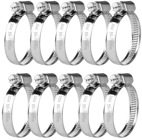 10 Pz Fascette Stringitubo Inox, Fascette Metalliche, Fascette Stringitubo in Acciaio Inox Regolabile 50-70 mm, Fascetta Metallica con Vite, Collare Stringitubo a Bullone per Tubo Acqua Auto Piscina