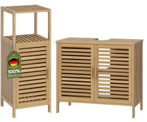 Bellamio Newa Badmöbel-Set – Waschbeckenunterschrank mit 2 Fächern & Badregal mit 3 Fächern – Badezimmermöbel aus Bambus lackiert – Badezimmer Unterschrank – Kleiner Bambusschrank – Badschrank
