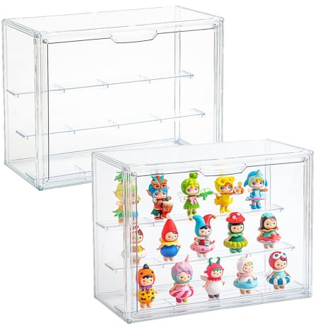 Acrylic Display Cases for Collectibles, 3 Tier Clear Shelf Boxes for Figures, Miniature Dustproof and Stackable Action Figure Display Case (1, Large)