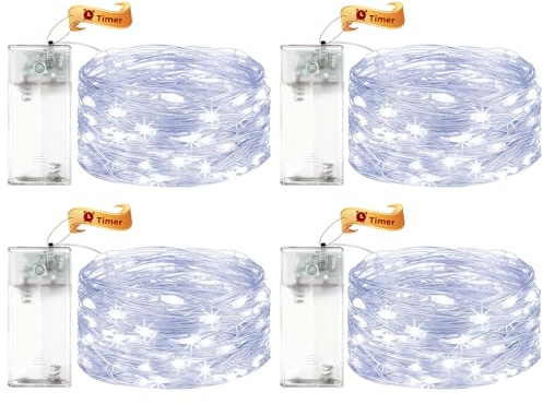 VIKY® 4 Stk LED Lichterkette Batterie mit Timer,2M 20 LED Micro Kupferdraht Lichterkette Innen Batteriebetrieben,Kaltes Weiß lichterkette mit Timer für Hochzeit,Silvester,Weihnachten Innen Dekoration