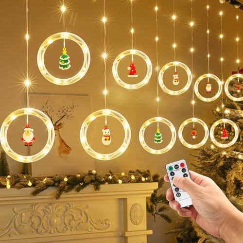 Coomoors Luci Tenda Natale, 4.9M 120LEDs Tenda Luminosa con 10 Decorazioni Natalizie 8 Modalità Luci Natale Finestra con Timer Impermeabili IP65 Tenda di Luci per Finestra, Giardino e Festa, Bianco C