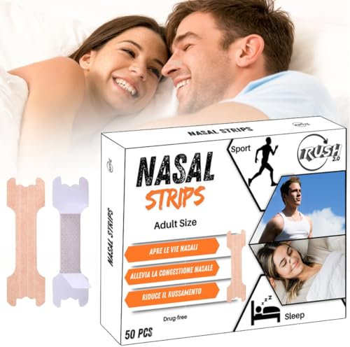 Cerotti Nasali Sport - 50 Pezzi Nasal Strips Antirussamento Ipoallergenici per Respirazione Migliore, Uso Notturno e Sportivo - Rush2.0