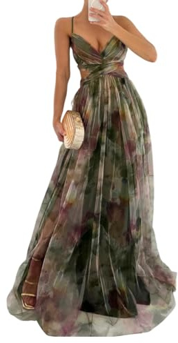 shownicer Vestito Donna Elegante Abito Cerimonia Vestito Lungo Estivi Scollo a V Senza Maniche Vestiti Stampa Floreale A Verde M