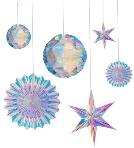 Kit di forniture per feste iridescenti 6 pezzi da appendere al soffitto, palla a nido d'ape, ornamento decorativo, ventaglio di carta, ghirlande di fiocchi di neve, per decorazioni natalizie di compl