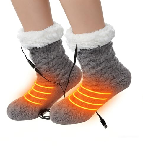USB Heated Fleece Socks for Women, Winter Warm Electric Heated Thermal Socks Foot Warmers, Foot Heating Pad with Non-Slip Grippers, Warm Fuzzy Sherpa Lined (Gray)