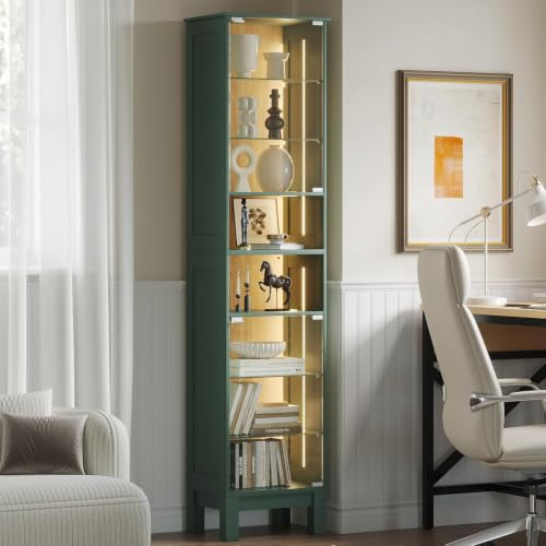 ZKIODV 180cm Glasvitrine Stehend, 8-Lagen Glasvitrine mit Beleuchtung, LED Vitrine mit Glastüren, Verstellbare Einlegeböden, Sammlervitrine Holz für Wohnzimmer Schlafzimmer, 180x40cm (Grün Eiche)