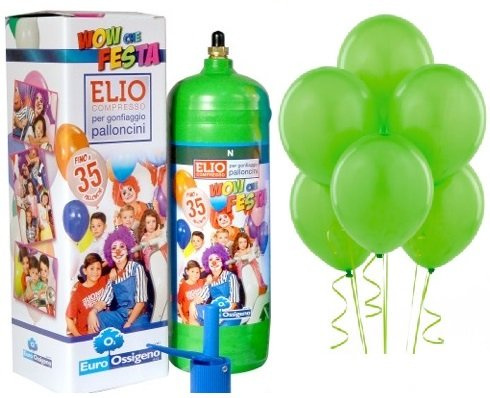 Partylandia Shop Bombola Gas Elio Usa e Getta + 35 Palloncini Volanti Verdi
