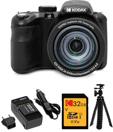 Kodak PIXPRO AZ421 Astro Zoom 16MP Fotocamera digitale con zoom ottico 42x (nero) Bundle con scheda SD da 32 GB, batteria e treppiede (4 pezzi)
