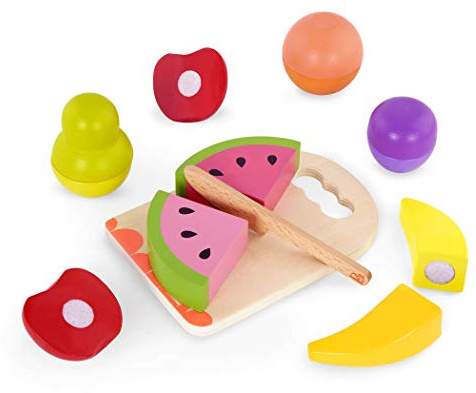 B. toys Chop 'N' Play Wooden Play Food Fruits, Knife and Board, Wood Toys | 6 sliceable wooden fruits with a safe knife and cutting board for pretend play kitchen fun; crunchy slicing sound; 2+ Years