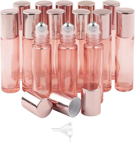 Pxyelec 14 Pack 10ml Roller Bottles With Stainless Steel Balls, Clear Pink | Leakproof Glass, Includes 1 Funnel, for Essential Oils,Perfumes,Cosmetics,Aromatherapy Massage