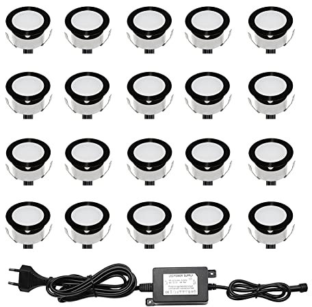 CHNXU 20er Set LED Einbaustrahler Bodeneinbaustrahler Kaltes Weiß 12V Ø30mm 0,6W 9LM Terrassenbeleuchtung Außen IP67 Wasserdichte LED Treppen Beleuchtung für Garten Holzbrücke Pool Holzdeck, Schwarz
