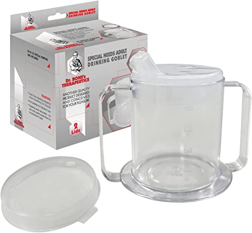 Dr. Bone's Therapeutics ® Large, Lightweight Transparent Plastic Mug - 2-Handles / 2 Lids. Spill- Resistant Adult Child Sippy Drinking Cup. Easy-Grasp Handles for Hot & Cold Drinks/Soups/Beverages