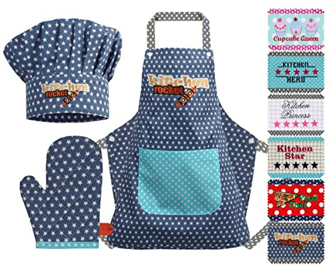 Emily´s Check Juego de gorro de cocinero + delantal + manopla para niños – 3 piezas 1428.2002, Kitchen Rocket Medium [7-12 años]
