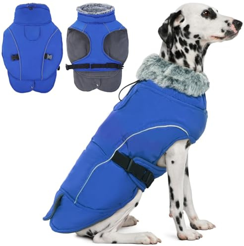 DENTRUN Winter Warm Dog Coat Reflective Jacket with Turtleneck for Cold Weather, Adjustable Buckle Windproof Water Repellent, Thick Snowsuit Fleece Vest for Small, Medium, Large Dogs, Blue, L
