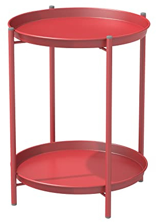 Grand patio Mesa Auxiliar Redonda de 2 Niveles, Mesa de Centro pequeña de Metal, Mesa Auxiliar Resistente a la Intemperie para Exteriores, Sala de Estar (Rojo)