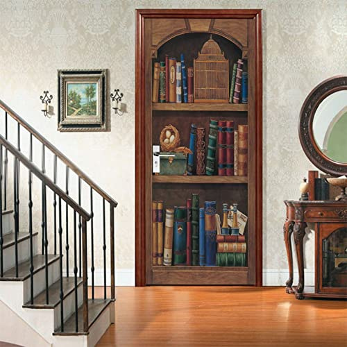 A.Monamour Türtapete Selbstklebend Türfolie Türposter 3D Ein Bücherregal Mit Alten Büchern Vinyl Folie Türdeko Tapete Wandbild Türaufkleber Türtattoo 77 x 200 cm