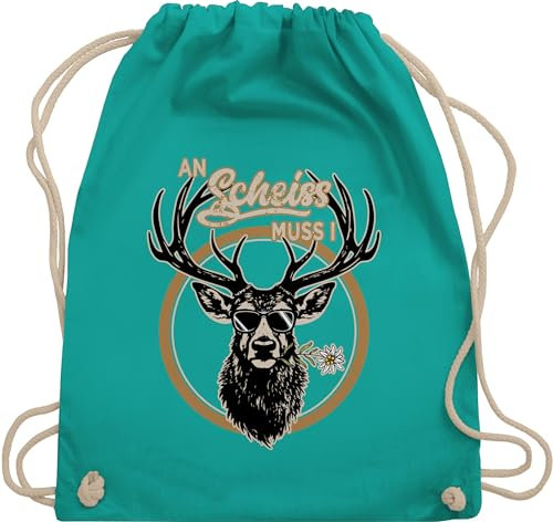Turnbeutel Rucksack - Kompatibel mit Oktoberfest Tasche - An Scheiß muss i Hirsch Hirschgeweih - Unisize - Türkis - trachtenrucksack bayrische trachtentaschen bayrisch oktoberfest-tasche bayern