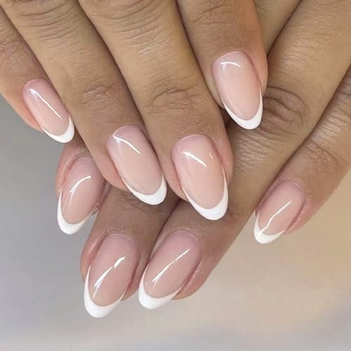 24 Pièces Faux Ongles Français Court Amande Ongles à Coller Couverture Complète Capsules Ongles avec Dessin Acrylique Rose Blanc Press on Nails Autocollants pour Femme et Fille Nail Art
