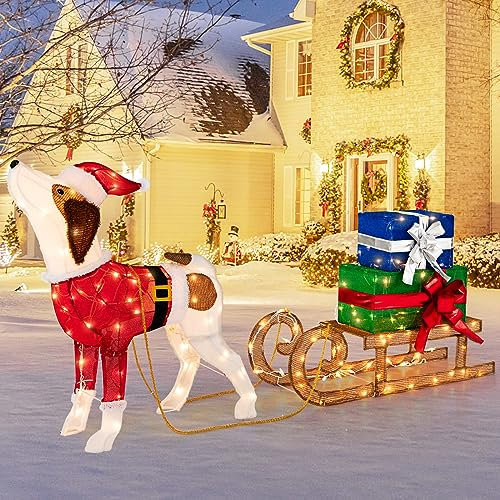 COSTWAY Light up Christmas Decoration, Pre-lit Xmas Dog Sleigh and Gift Boxes Combo with 170 Warm White LED Lights, Christmas Holiday Decor for Home Garden Yard