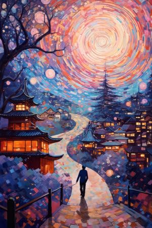 adrium Holz-Bild 80 x 120 cm: Illustration einer wunderschönen Stadt bei Nacht im Mosaik-Farbstil, erstellt mit generativer KI-Technologie. (209871218)