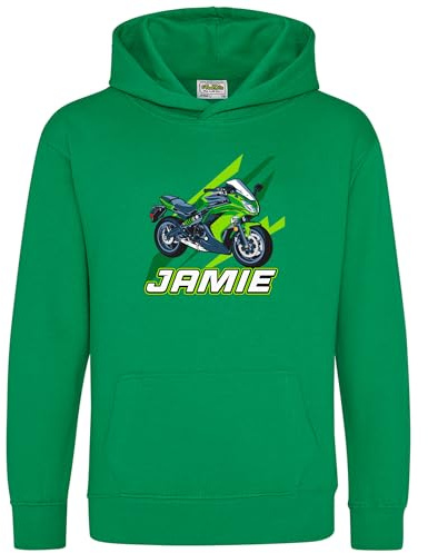 Purple Print House Personalised Green Motorbike Hoodie Boys Custom Motorcycle Kids Hooded Sweatshirt Sports Bike, 3-4 Years, Irish Green