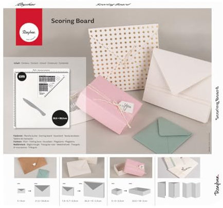 Rayher Planche de pliage avec plioir et règle triangulaire, 3 pces., plaque de rainurage, 30,5x30,5cm, arts créatifs, scrapbooking, carte, enveloppe, boite cadeau-50292000