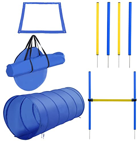 PawHut Set de Entrenamiento de Agilidad para Perros Obstáculos de Salto con Altura Ajustable Túnel para Perros y Bolsa de Transporte Azul y Amarillo