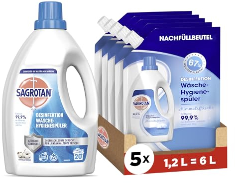 Sagrotan Wäsche-Hygienespüler Frisch, Waschmittel-Zusatz - 1,5 L & Sagrotan Wäsche-Hygienespüler Himmelsfrische Nachfüller 5 x 1,2l