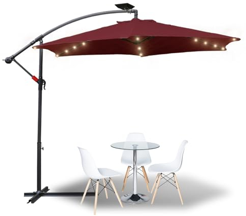 Eulenke 350 cm Parasol avec LED Solaire, Parasol Déporté avec manivelle e pied, Angle d'inclinaison et hauteur réglables, Parasol de jardin avec protection UV pour balcon jardin terrasse, Rouge