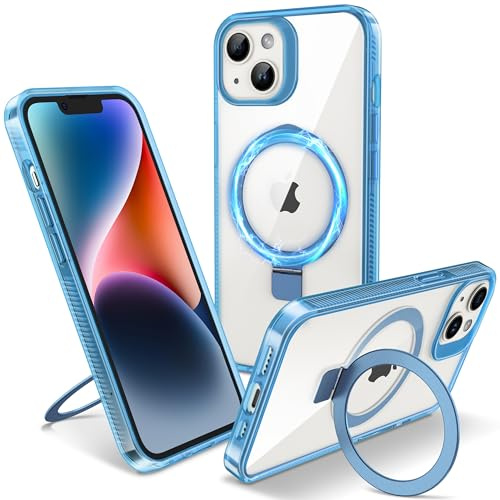 Flyzoo Cover Magnetica per iPhone 13/14 con Supporto Stand ad Anello, [Protezione Antilngiallimento & Antiurto] Custodia Trasparente Posteriore Hard PC Case con Silicone Bordo, 6.1'', Clear Blu