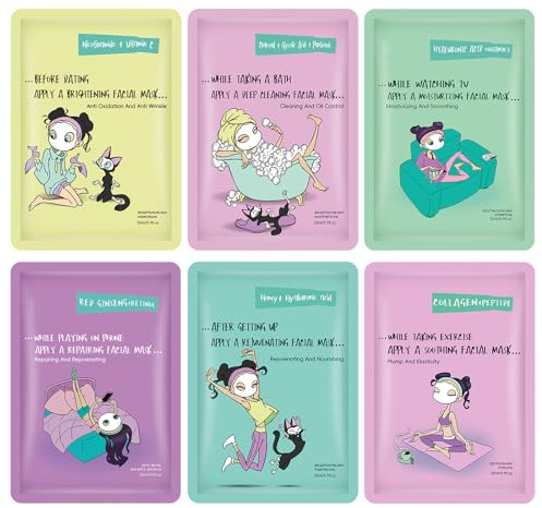 6PCS Sheet Masks, Face Masks Skincare, Face Mask Set for Teenage Girls Sheet Face Masks Beauty, Hydrate Brighten Moisturize Soothe Anti-aging Multipack