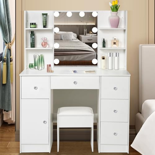 Dradaomull Sminkbord med LED-belysning, toalettbord med spegel för make-up, 3 färger med justerbar ljusstyrka, 5 lådor, sminkbord med justerbara hyllor, kristallhandtag