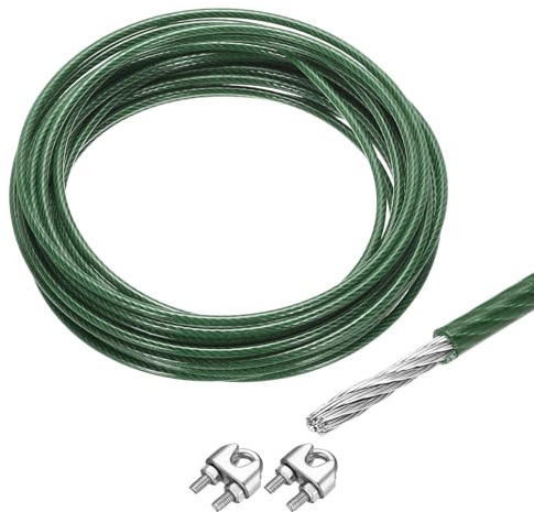 QUARKZMAN Drahtseil Edelstahl 10M x 5 mm Stahlseil PVC ummantelt mit 2 Seilklemmen Sicherungsdraht Aufhängedraht Drahtkabel Wäscheleine für Bilderrahmen Outdoor Zaun Gardinen, Grün