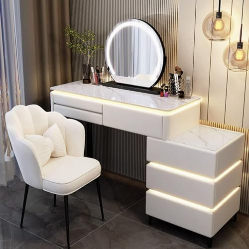 Schminktisch mit LED-Leuchten, Spiegel, Schlafzimmer-Schminktisch-Set mit Hocker und Beistellschrank, moderner Make-up-Schreibtisch für Frauen und Mädchen, weiß, 100 cm