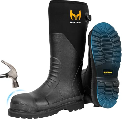 Rubber Work Boots, Puncture-Proof with Steel Toe & Shank, Lightweight Waterproof Anti Slip EVA Outsole Hunting Boots for Men, 6mm Neoprene for Construction, Manufacturing or Farming(Black,Size 7)