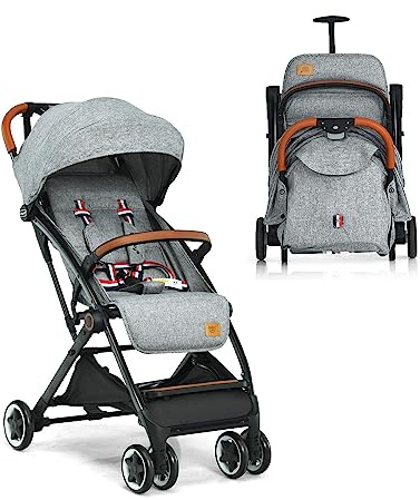 DREAMADE Kinderbuggy Klappbar mit Liegefunktion, Kinderwagen für Baby 0-3 Jahren, Faltbar Buggy mit 5-Punkt-Sicherheitsgurt & Aufbewahrungskorb & Bremse (Grau)