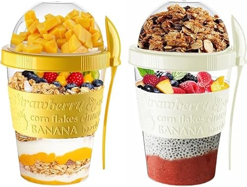 Pro hem yoghurtkrukor med lock och sked lufttät diskmaskinssäker BPA-fri müsli flingkoppar över natten havre burk förvaring på språng yoghurtbehållare (gul och kräm)