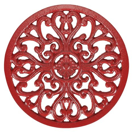SUMTree 6.7 Round Cast Iron Trivets Hot Pot Holder Mat with Pegs (Red) | Decorative Heavy Duty Trivets with Vintage Flower Pattern with Rubber Pegs Trivet for Kitchen Worktop Dining Table Countertop