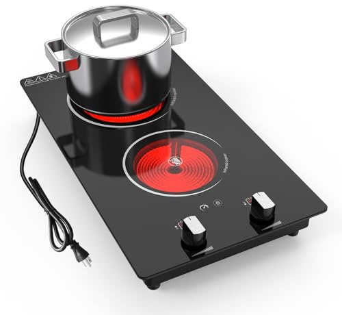 Nafewin 2 Burner Electric Cooktop, 2100W Electric Stove Top Hot Plate, 12 inch Countertop Burner & Built-In Stove Top, 9 Levels of Power, Knob Control, Timer & Kid Safety Lock, Residual Heat Warning