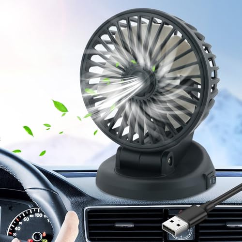 KUWUNG USB Car Fan, 360° Rotatable Single Head Vehicle Cooling Fan with 3 Speeds, Powerful Quiet Dashboard Air Circulator for Cars, Vans, Trucks, SUVs & Caravans, 5V USB Powered Desktop Fan - Black