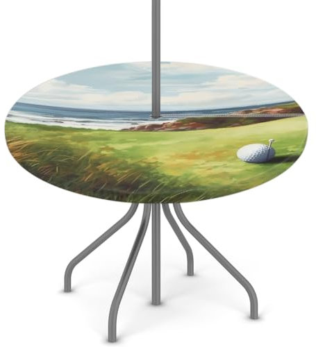 Woltant Mantel redondo con agujero para sombrilla y cremallera, fácil de limpiar, con bordes elásticos, protector de mesa para jardín, patio, barbacoa (bola de hierba junto al mar)