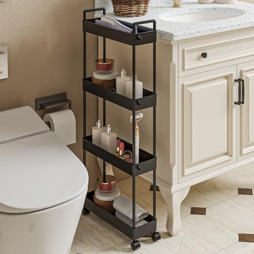 Rollwagen Küchenwagen Schmal Aufbewahrungswagen 4 Stöckiger Nischenwagen Servierwagen Kosmetikwagen mit Rollen und 12 Haken Schmales Nischenregal für Bad Küche Wohnzimmer Büro Waschküche (Schwarz)