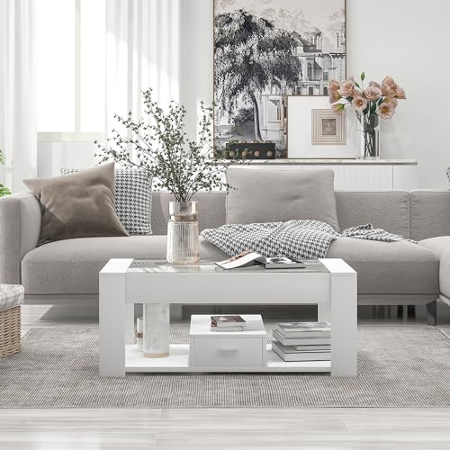 BXEYXE Mesa de centro de salón con tapa de cristal. Taquillas y espacio de almacenamiento. Blanco 100 x 50 x 40 cm
