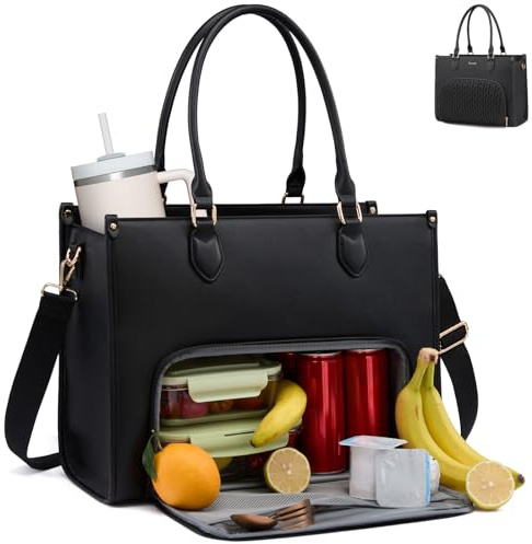 LOVEVOOK Laptoptasche Damen, Handtasche mit Isolierted Kühlfach mittelgroß, Arbeitstasche 15,6 Zoll Leder, Große Lunchtasche Lehrertasche Aktentasche für Schule, Uni, Büro, Business, Schwarz