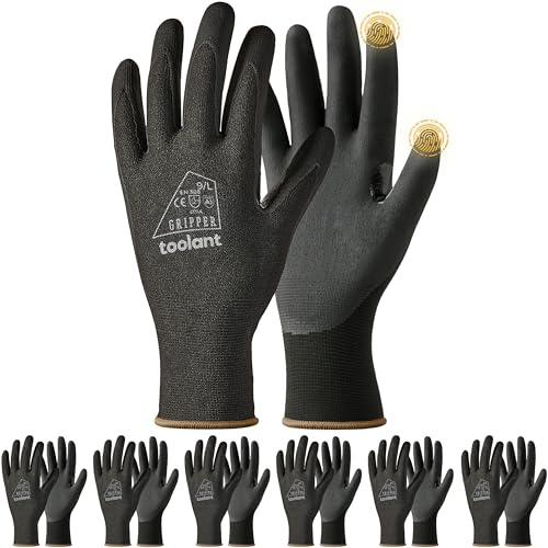toolant 6 Pairs Work Gloves MicroFoam Nitrile Coated, 15 Gauge Breathable Nylon with Grip in Wet & Oily Condition, Touchscreen, Certified Working Gloves Bulk for Gardening,Warehouse,Automotive,Black,L