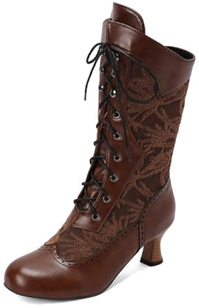 Generisch Commercio estero europeo e americano Autunno e Inverno Lolita Stivali da donna con arco in pizzo, punta a foglia, tacco medio, gambo medio alto, stivale medio alto, marrone, 40 EU