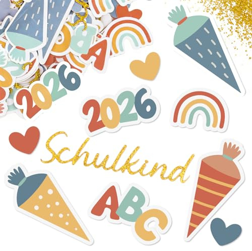 COMOOKA 150 Stück Konfetti Schulkind 2026 - Boho Regenbogen Einschulung Deko, Tischdeko Streudeko Glitzer Schulanfang für Junge Mädchen, DIY Bastelzubehör